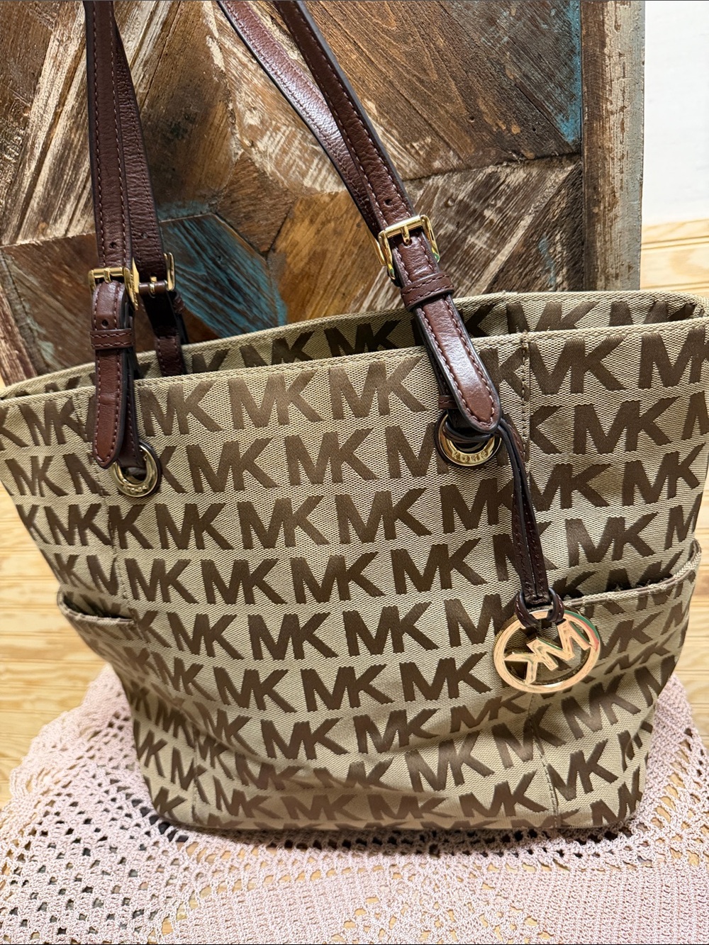 Michael Kors Beige Taupe MK Logo Tote with Brown Leather Trim